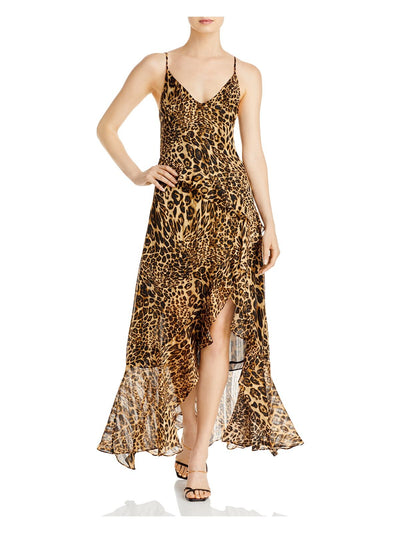 LINI Womens Brown Adjustable Zippered Lined Sheer Ruffled Animal Print Spaghetti Strap V Neck Maxi Cocktail Hi-Lo Dress L