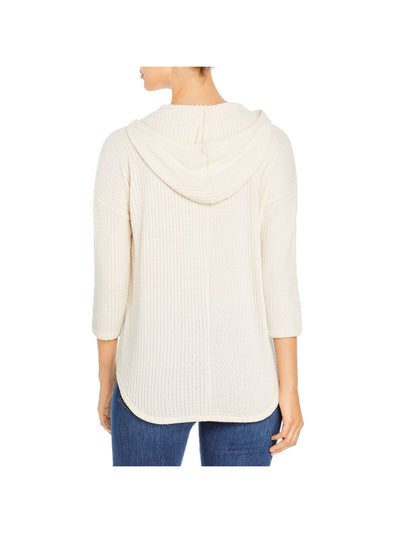 CUPIO BLUSH Womens Ivory Stretch Textured Curved Hem 3/4 Sleeve V Neck Hoodie Sweater S