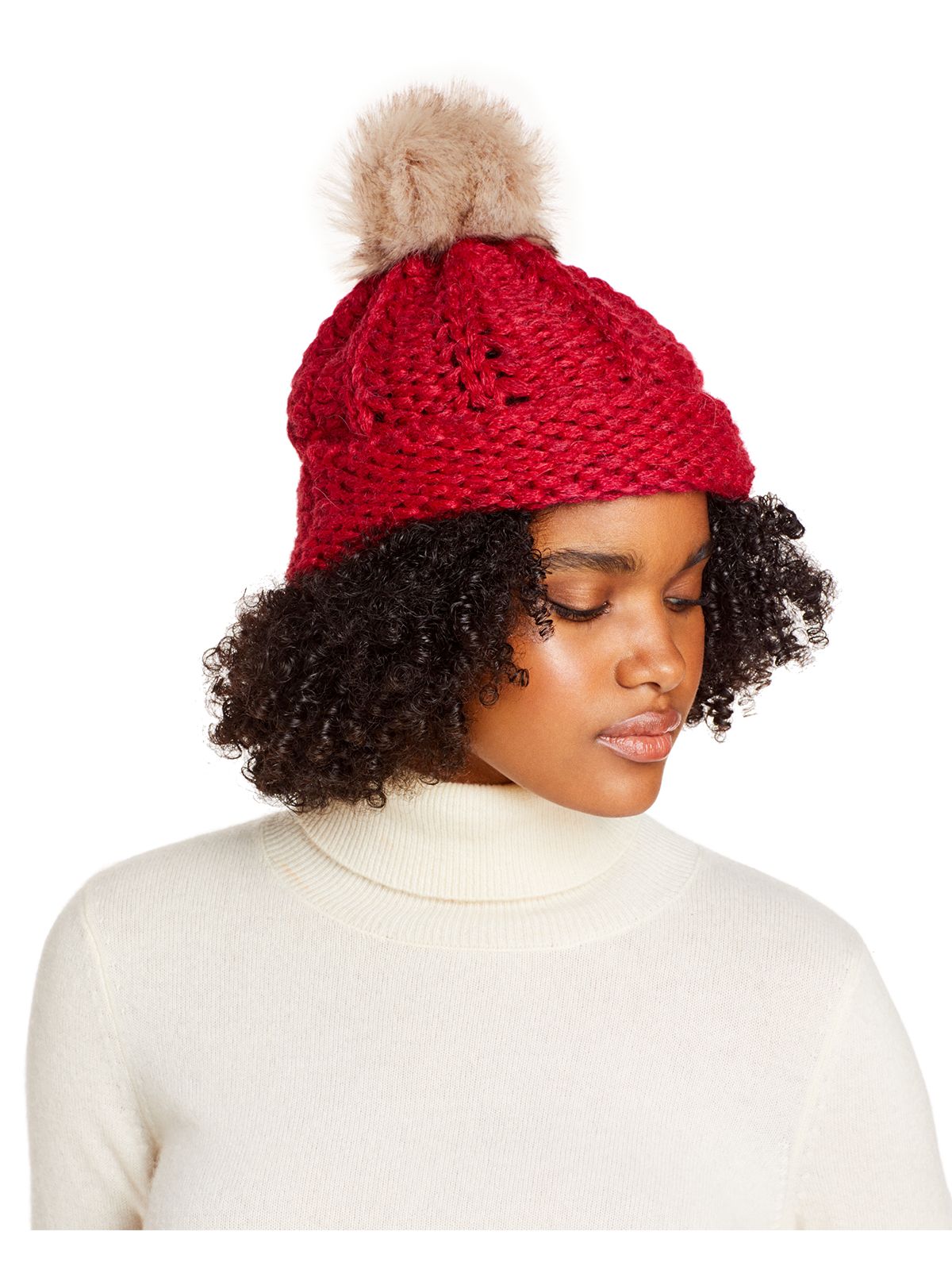 AQUA Womens Red Acrylic Fitted Pom Hat