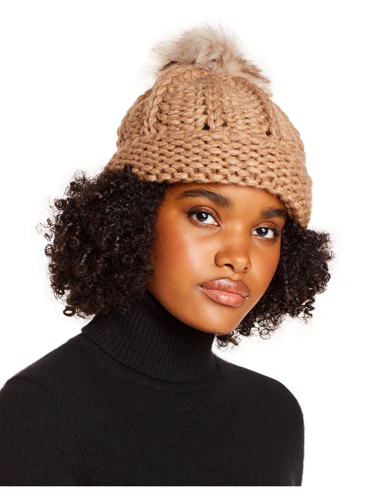 AQUA Womens Brown Acrylic Fitted Pom Hat