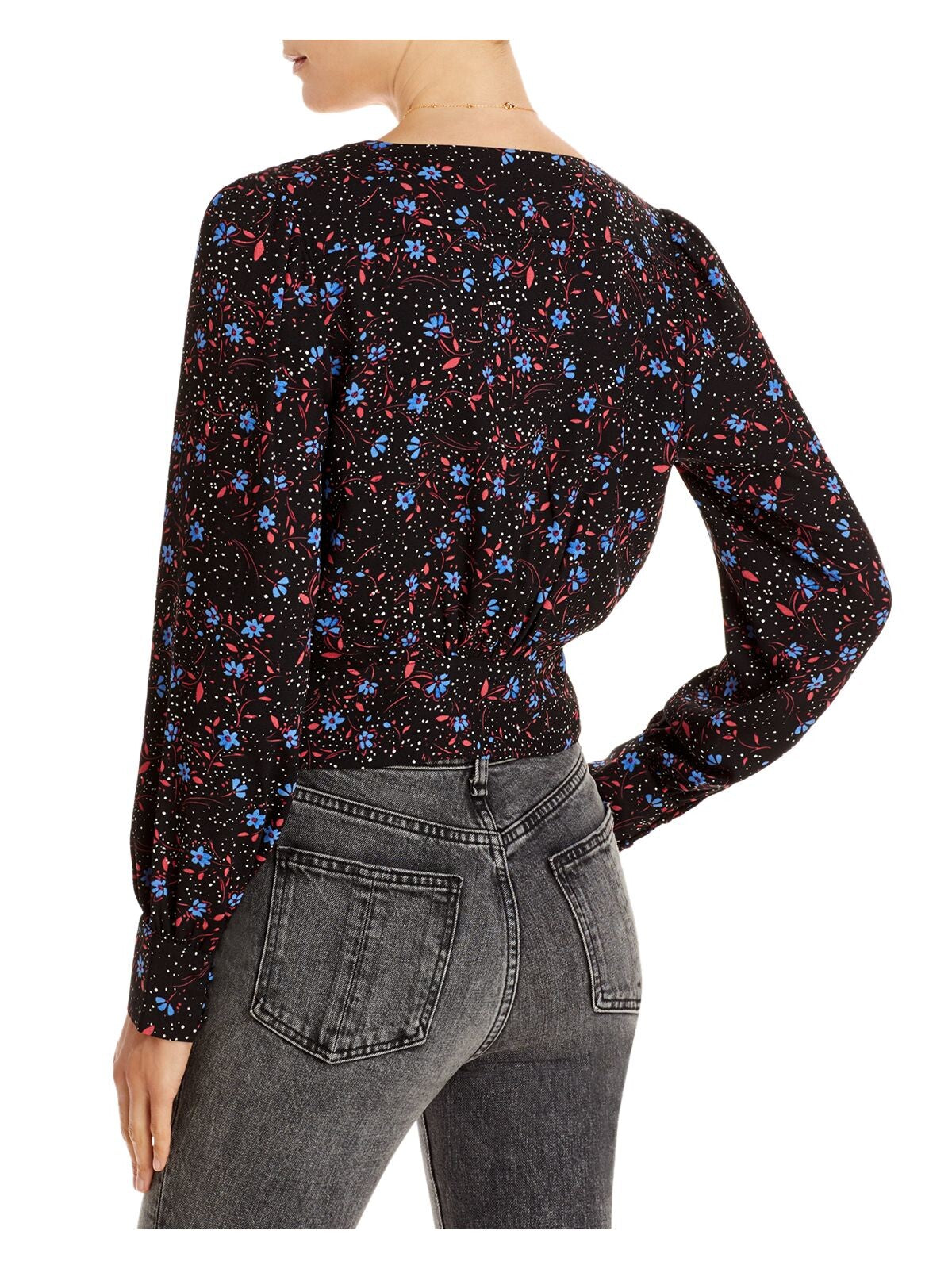 AQUA Womens Black Floral Long Sleeve V Neck Wrap Top Size: XS