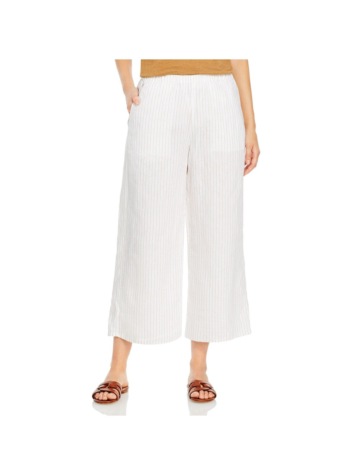 EILEEN FISHER Womens White Pocketed Elastic Waist Pull On Pinstripe Cropped Pants S\P