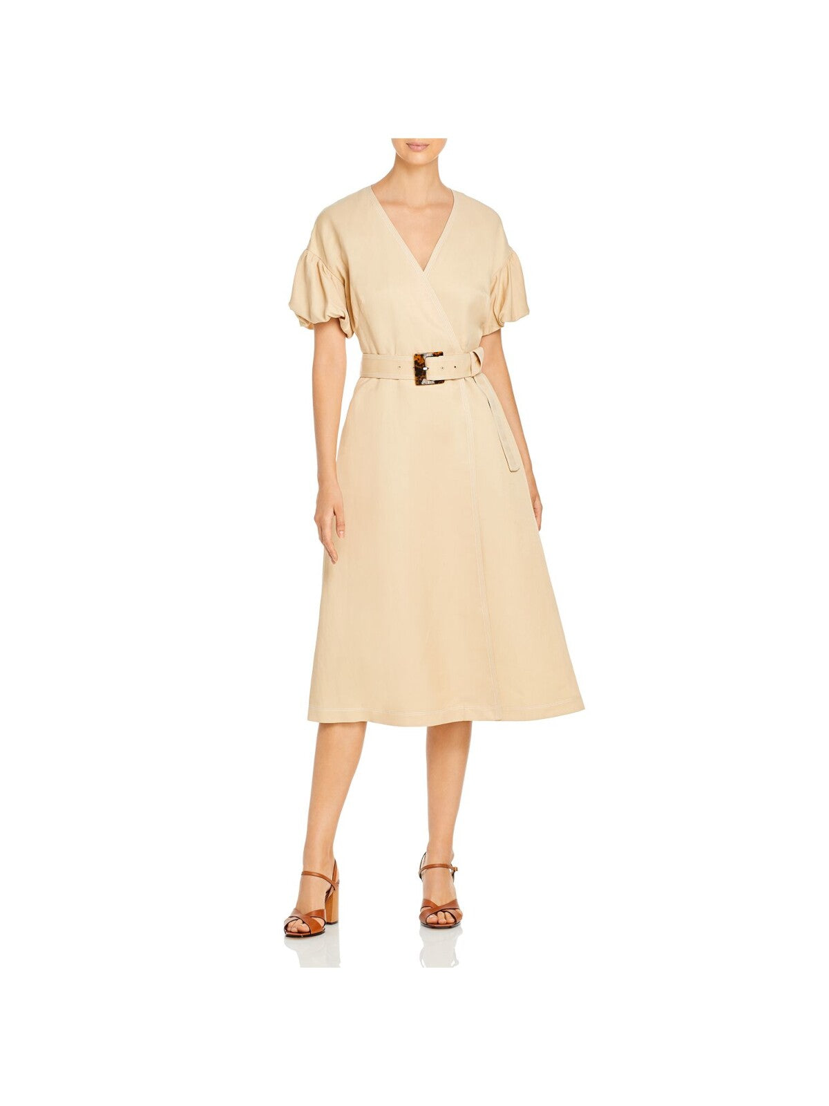 LAFAYETTE 148 Womens Belted Darted Side Pockets Button Front Closur Short Sleeve V Neck Knee Length Party Faux Wrap Dress