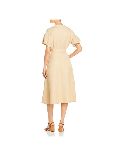 LAFAYETTE 148 Womens Beige Belted Darted Side Pockets Button Front Closur Short Sleeve V Neck Knee Length Party Faux Wrap Dress M