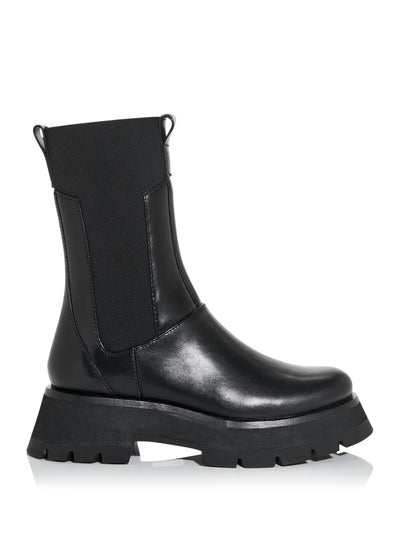 PHILLIP LIN Womens Black Pull Tab 1-1/2" Platform Goring Kate Round Toe Block Heel Leather Combat Boots 36
