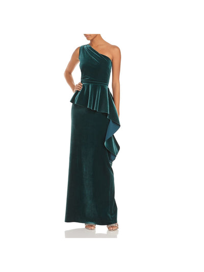 CHIARA BONI LA PETITE ROBE Womens Green Pleated Ruffled Velvet Sleeveless Asymmetrical Neckline Full-Length Formal Gown Dress 38