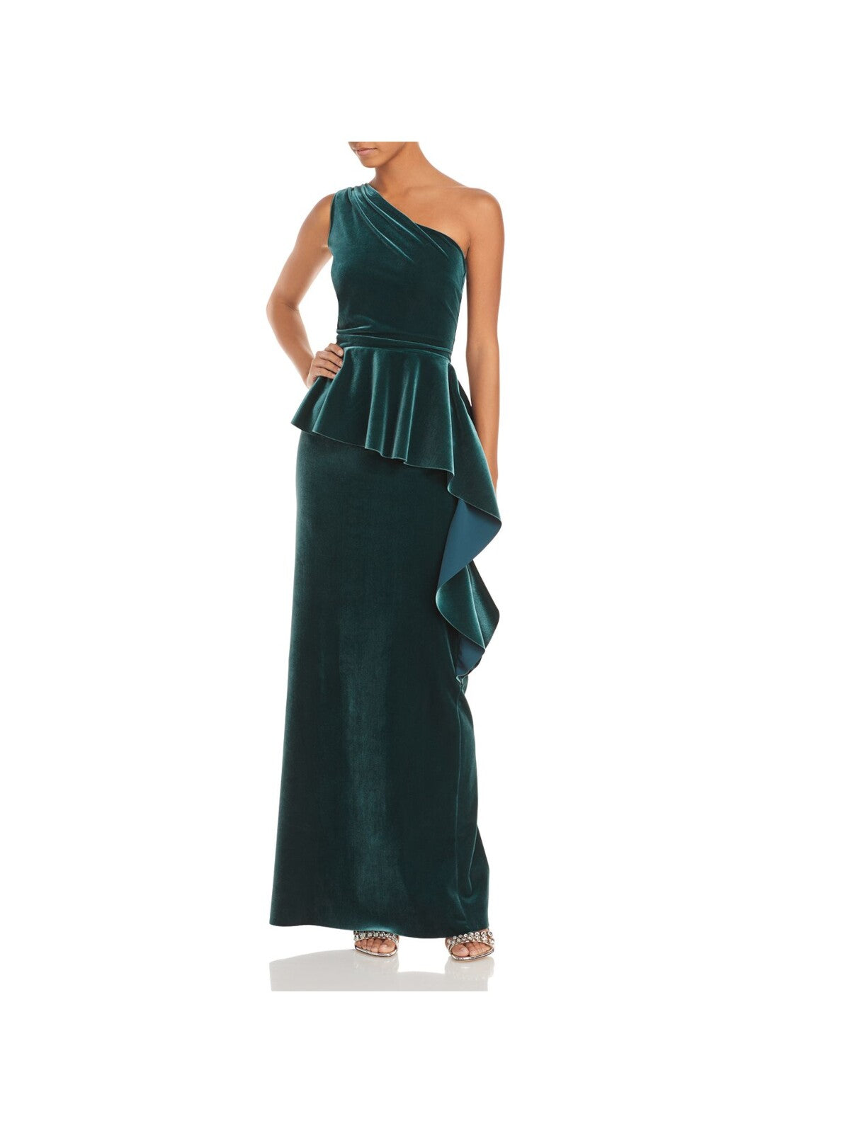 CHIARA BONI LA PETITE ROBE Womens Green Pleated Ruffled Velvet Sleeveless Asymmetrical Neckline Full-Length Formal Gown Dress 48