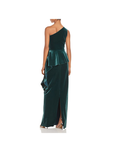 CHIARA BONI Womens Green Pleated Ruffled Velvet Sleeveless Asymmetrical Neckline Full-Length Formal Gown Dress 0
