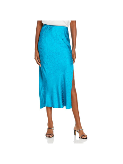 THE ANDAMANE Womens Teal Stretch Slitted Pull On Style Animal Print Midi Party Pencil Skirt L