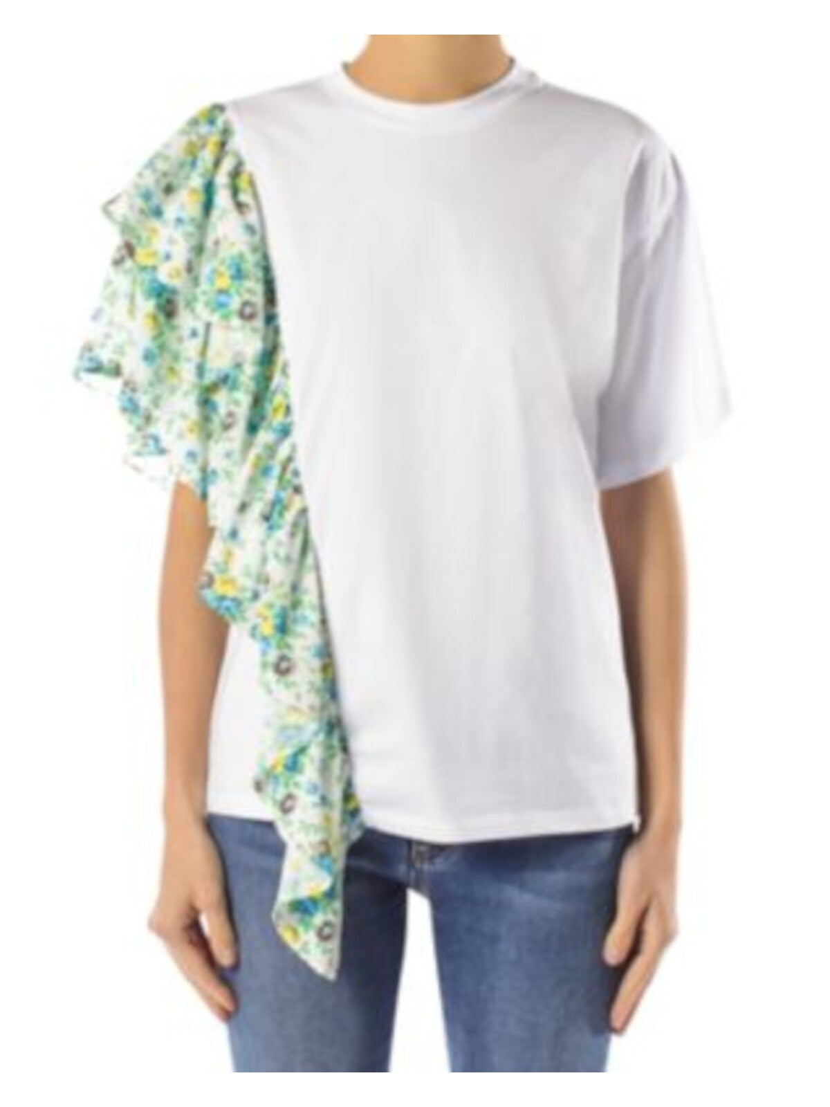 MSGM Womens White Ruffled Floral Short Sleeve Crew Neck T-Shirt XS