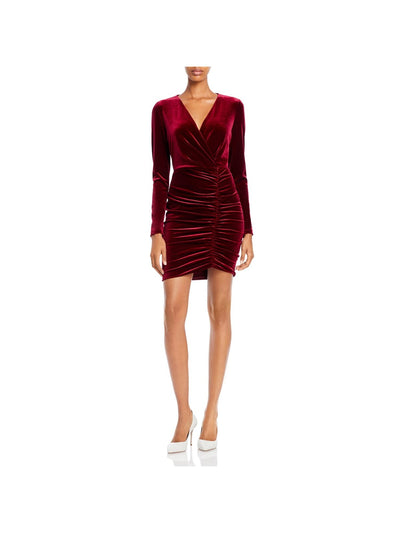 BLACK HALO Womens Burgundy Ruched Zippered Velvet Long Sleeve V Neck Mini Cocktail Sheath Dress 8