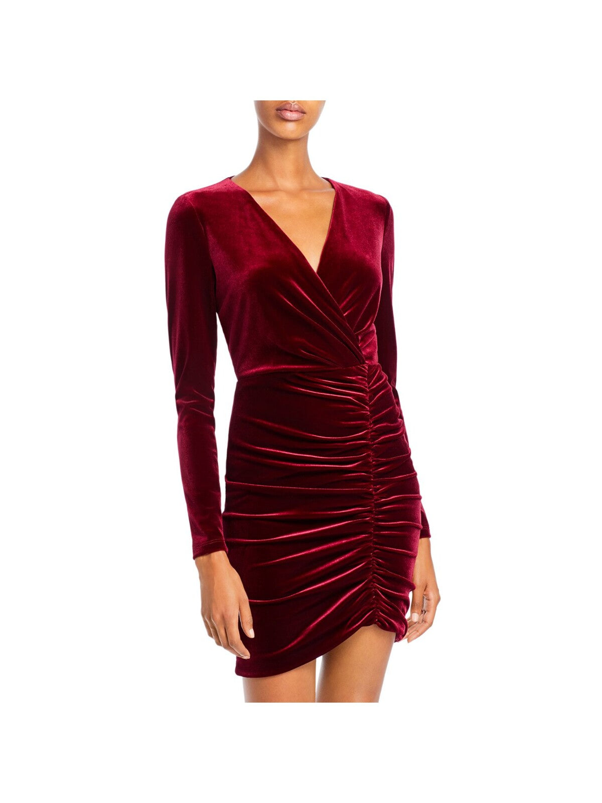 BLACK HALO Womens Maroon Ruched Zippered Velvet Long Sleeve V Neck Mini Cocktail Sheath Dress 4