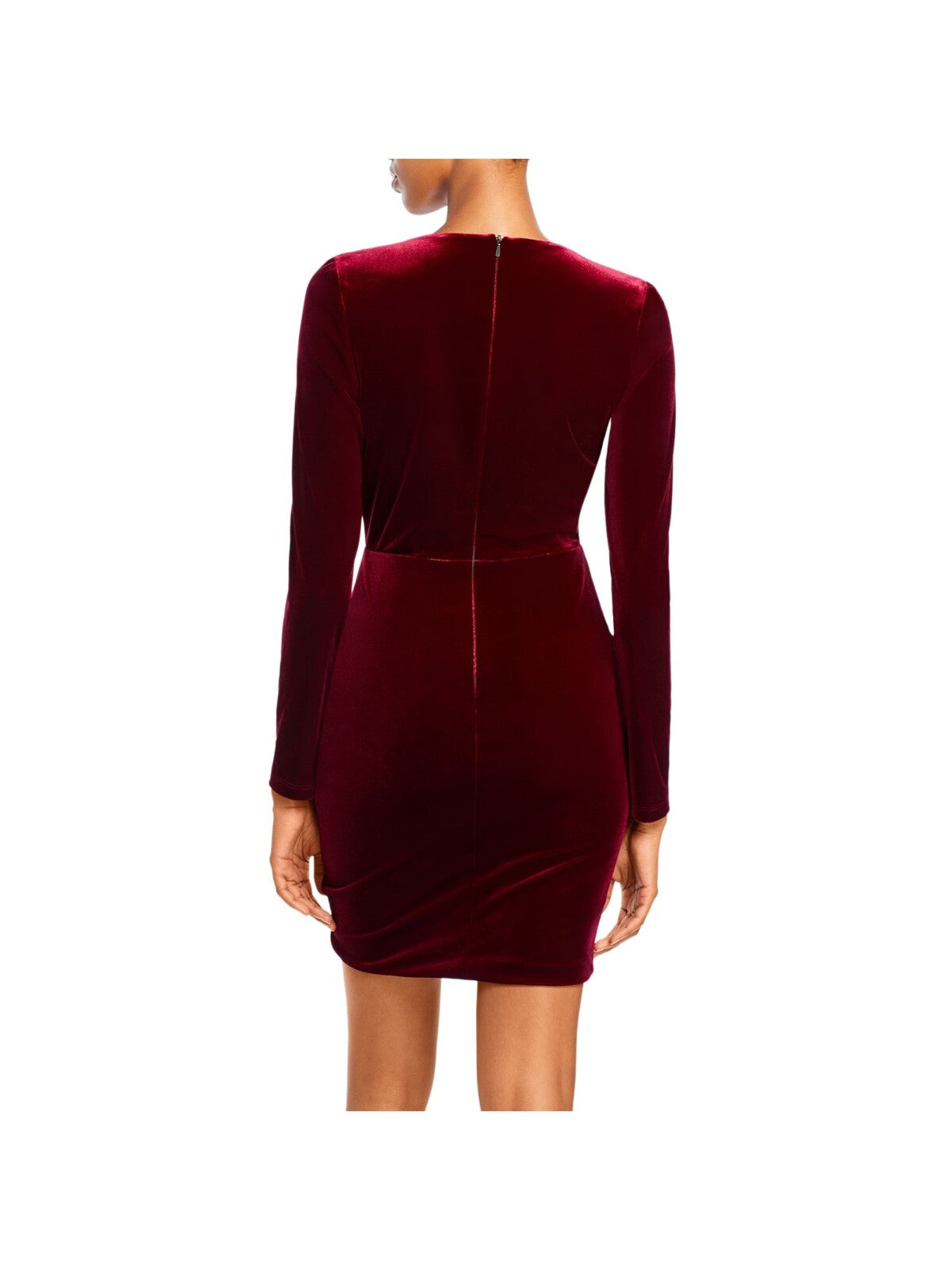 BLACK HALO Womens Burgundy Ruched Zippered Velvet Long Sleeve V Neck Mini Cocktail Sheath Dress 8