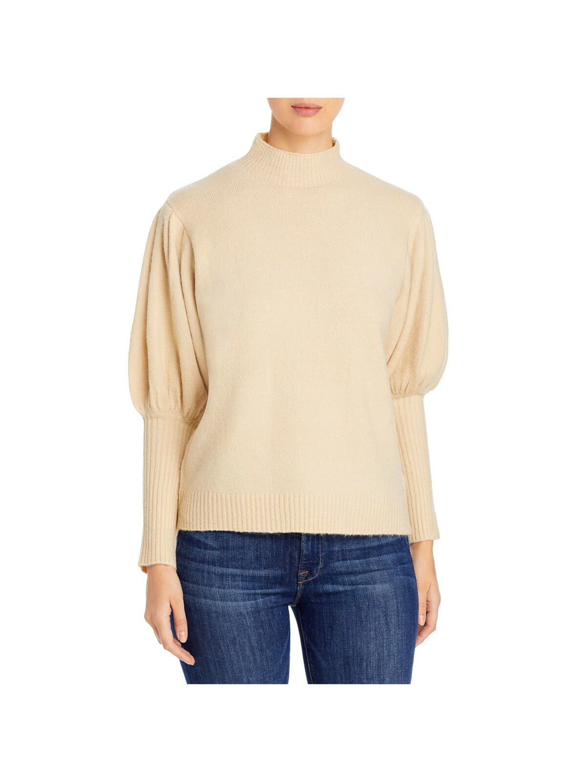 ELAN Womens Beige Pouf Sleeve Turtle Neck Wear To Work Sweater L