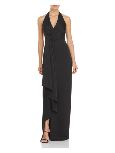 AIDAN MATTOX Womens Ruched Ruffled Cascade V Sleeveless Halter Full-Length Evening Sheath Dress