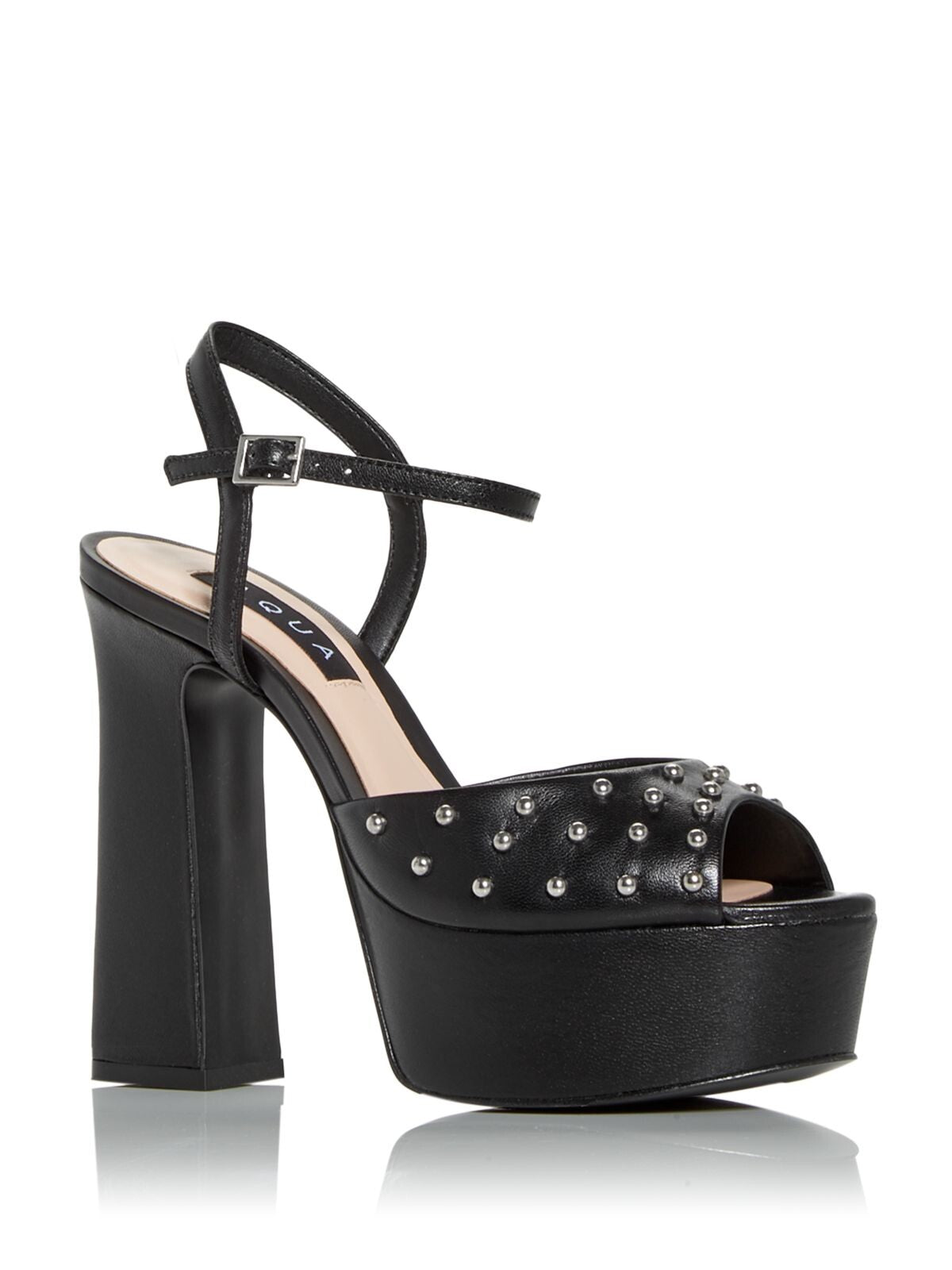 AQUA Womens Black 1-1/2" Platform Ankle Strap Studded Cullen Round Toe Block Heel Buckle Leather Dress Sandals Shoes 10 B