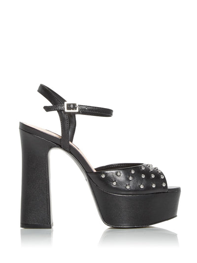 AQUA Womens Black 1-1/2" Platform Ankle Strap Studded Cullen Round Toe Block Heel Buckle Leather Dress Sandals Shoes 8 B
