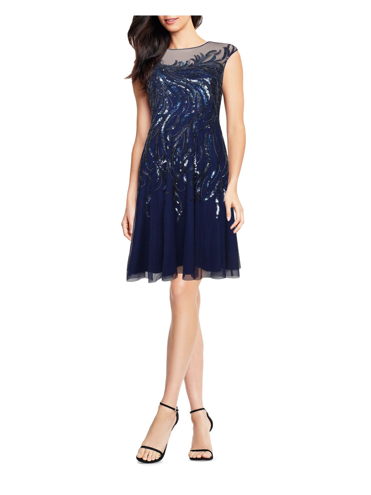 AIDAN MATTOX Womens Navy Embellished Beaded Sleeveless Illusion Neckline Above The Knee Cocktail A-Line Dress 4