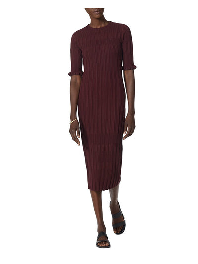 JOIE Womens Burgundy Ruffled Sweater Short Sleeve Crew Neck Midi Evening Body Con Dress L