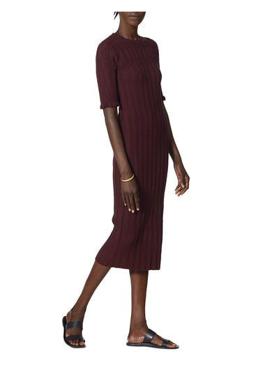 JOIE Womens Burgundy Ruffled Sweater Short Sleeve Crew Neck Midi Evening Body Con Dress L