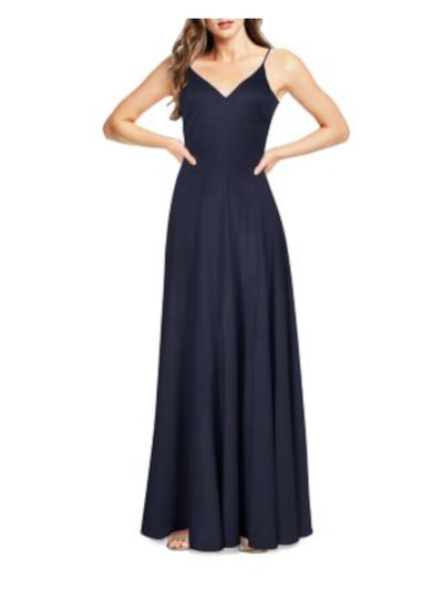 AIDAN MATTOX Womens Navy Spaghetti Strap V Neck Full-Length Evening Dress 0