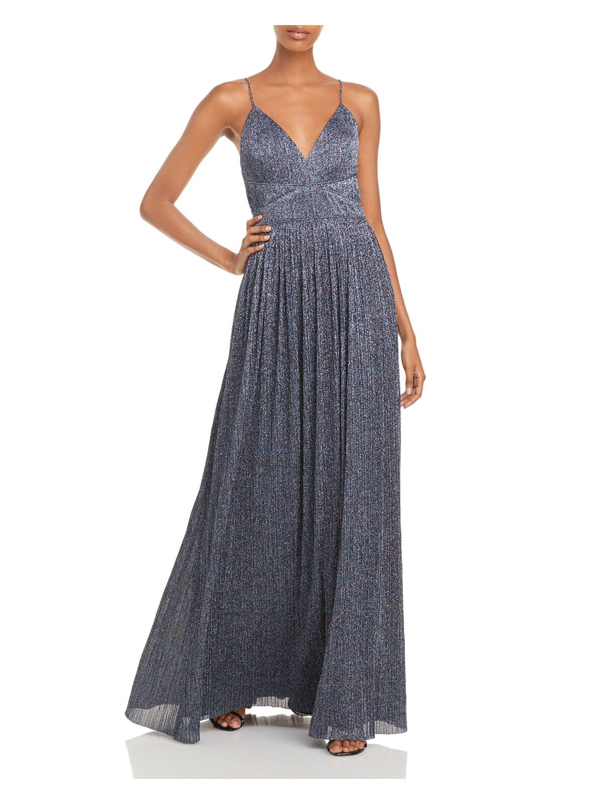 AIDAN AIDAN MATTOX Womens Blue Zippered Glitter Spaghetti Strap V Neck Full-Length Evening Fit + Flare Dress 2