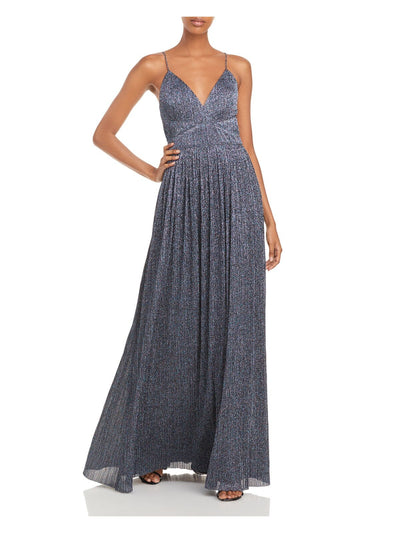 AIDAN AIDAN MATTOX Womens Blue Zippered Glitter Spaghetti Strap V Neck Full-Length Evening Fit + Flare Dress 0