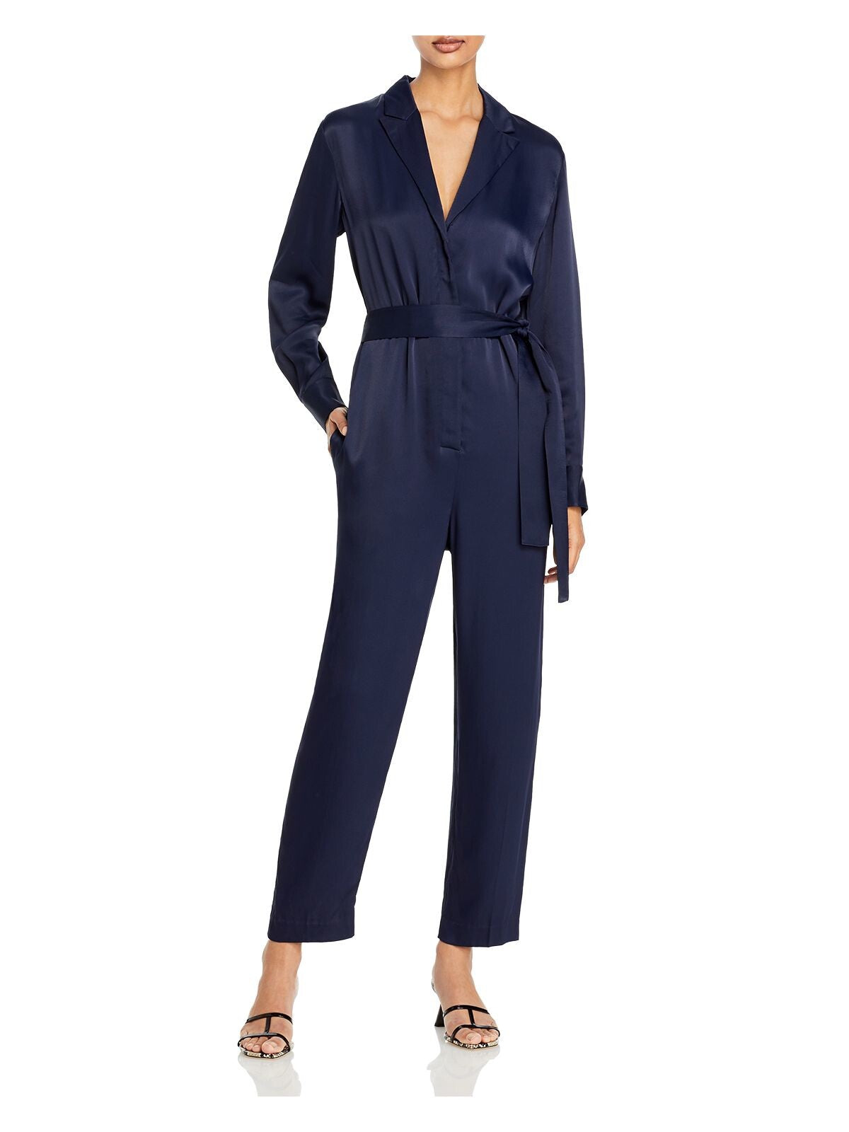 3.1 PHILLIP LIM Womens Navy Belted Satin Tuxedo Collared Evening Cropped Jumpsuit 8