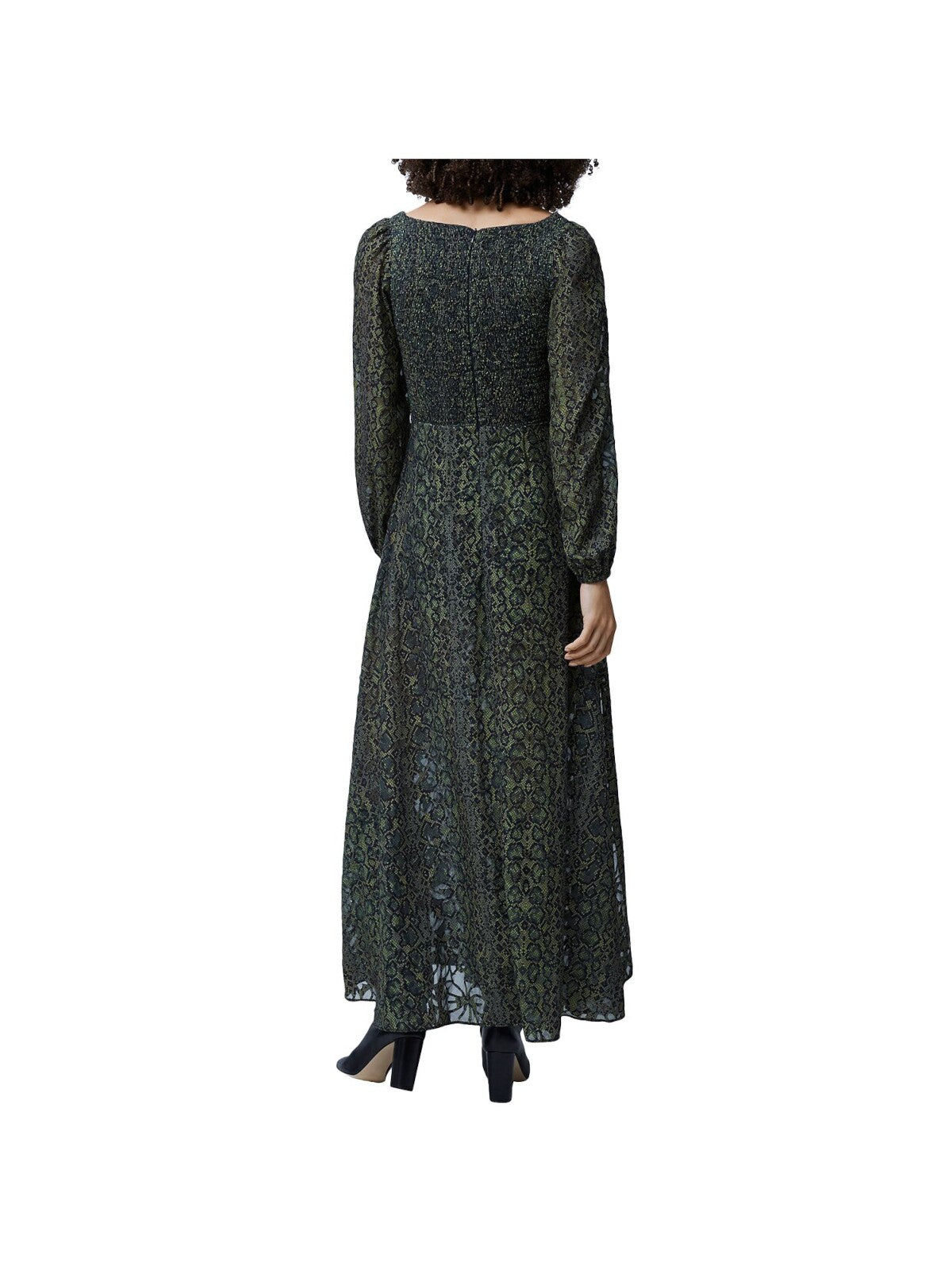 FRENCH CONNECTION Womens Green Stretch Zippered Smocked Slit Printed Blouson Sleeve Scoop Neck Maxi Evening Empire Waist Dress 12