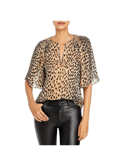 REBECCA TAYLOR Womens Brown Smocked Sheer Animal Print Elbow Sleeve Keyhole Evening Top S