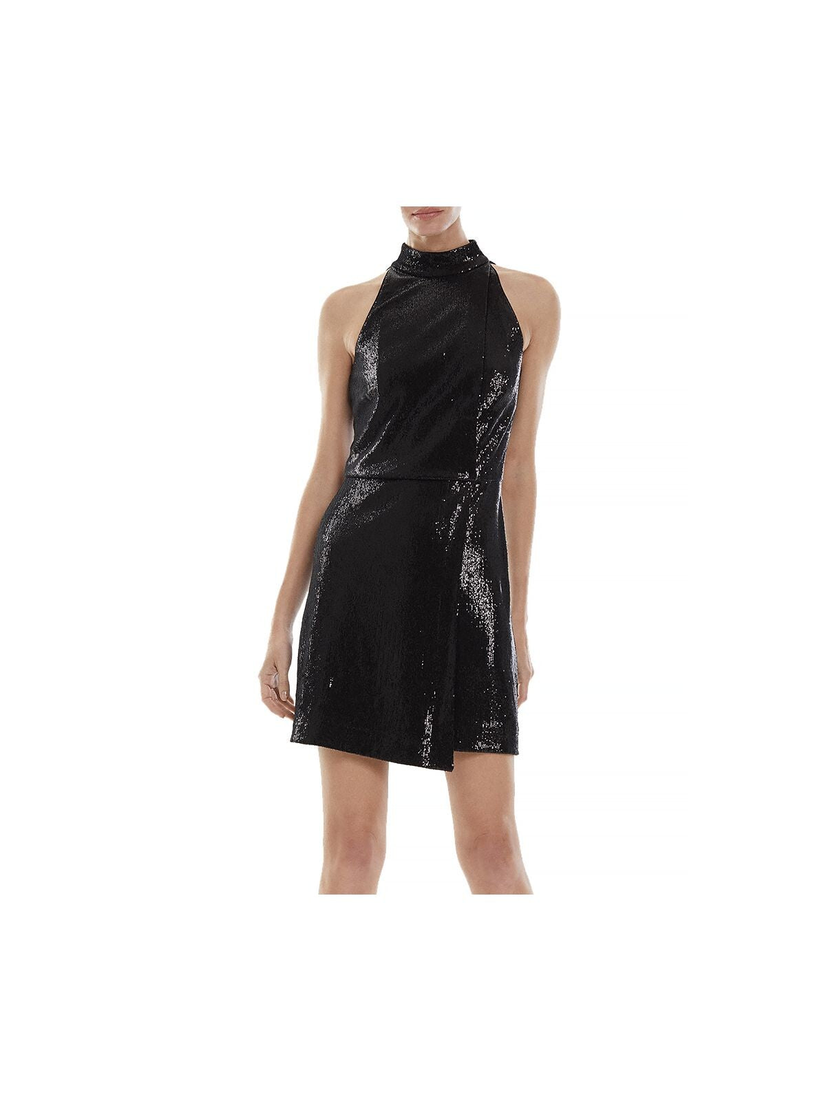 HALSTON Womens Black Zippered Lined Sleeveless Mock Neck Mini Party Faux Wrap Dress 0