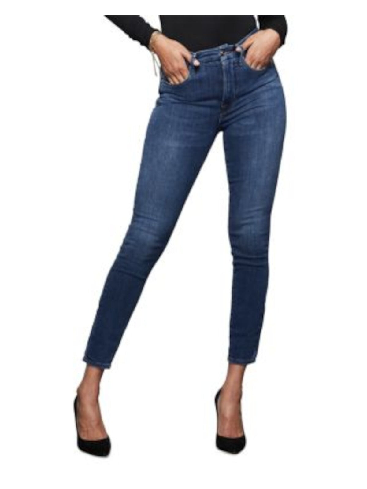 GOOD AMERICAN Womens Blue Denim Zippered Pocketed Distressed Skinny High Waist Jeans 24