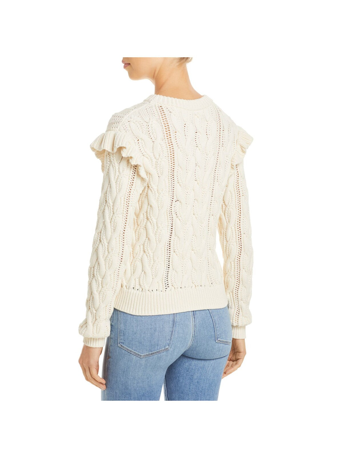 FRAME Womens Ivory Stretch Ruffled Ribbed Trim Long Sleeve Round Neck Wear To Work Sweater XS