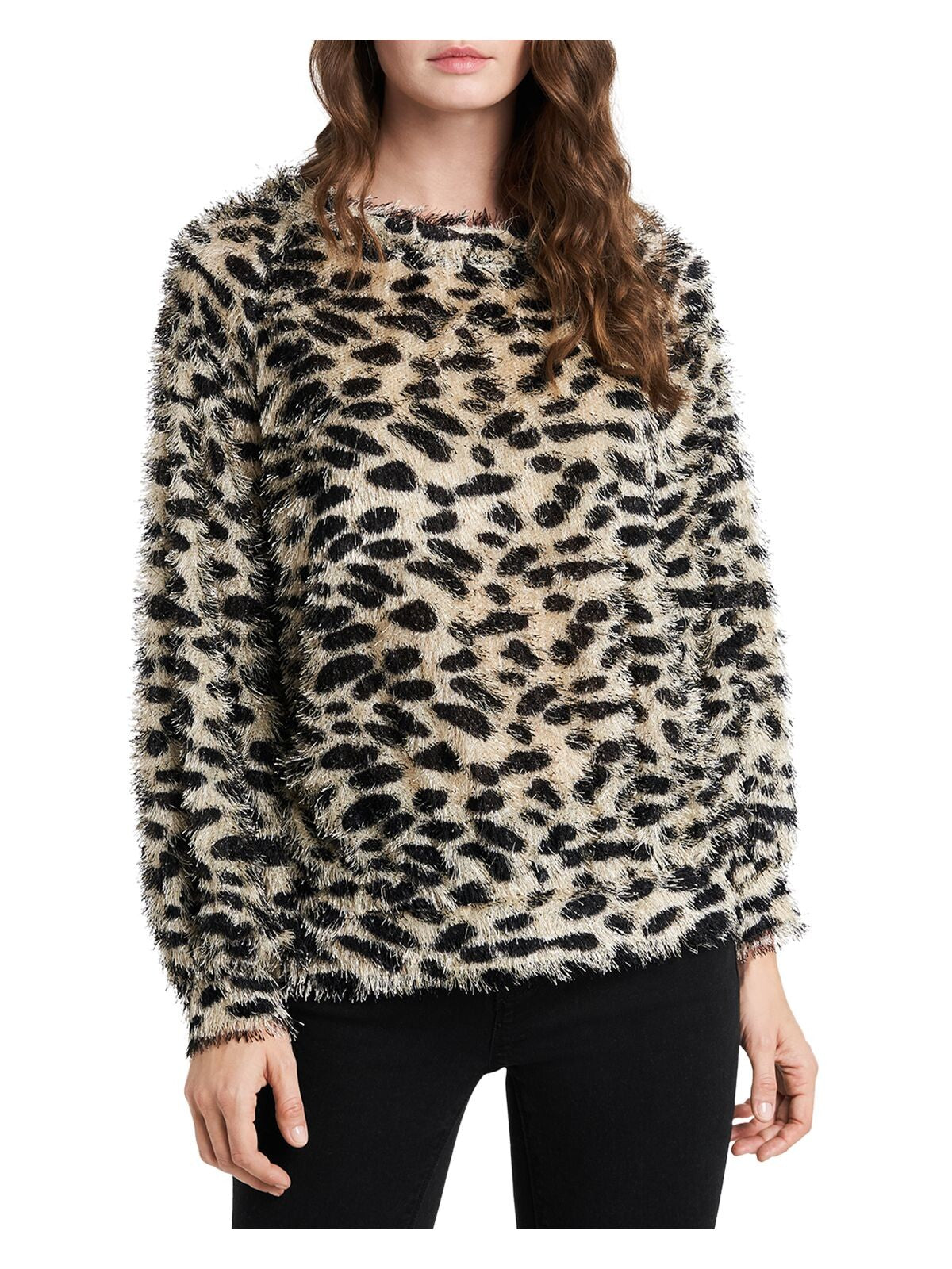 1. STATE Womens Beige Animal Print Long Sleeve Crew Neck Sweater XXS