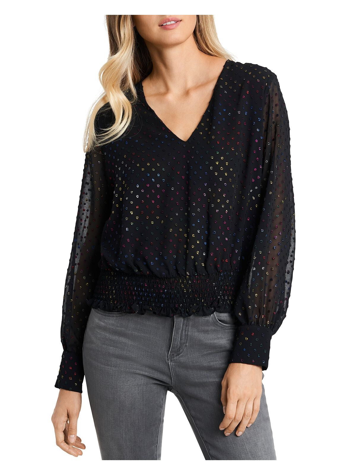1. STATE Womens Black Woven Textured Smocked Sheer Long Sleeve V Neck Top XS