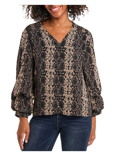 VINCE CAMUTO Womens Smocked Vented Hems Balloon Sleeve V Neck Top
