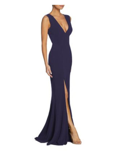 DRESS THE POPULATION Womens Navy Stretch Zippered High Leg Slit Lined Sleeveless V Neck Full-Length Formal Gown Dress XXS