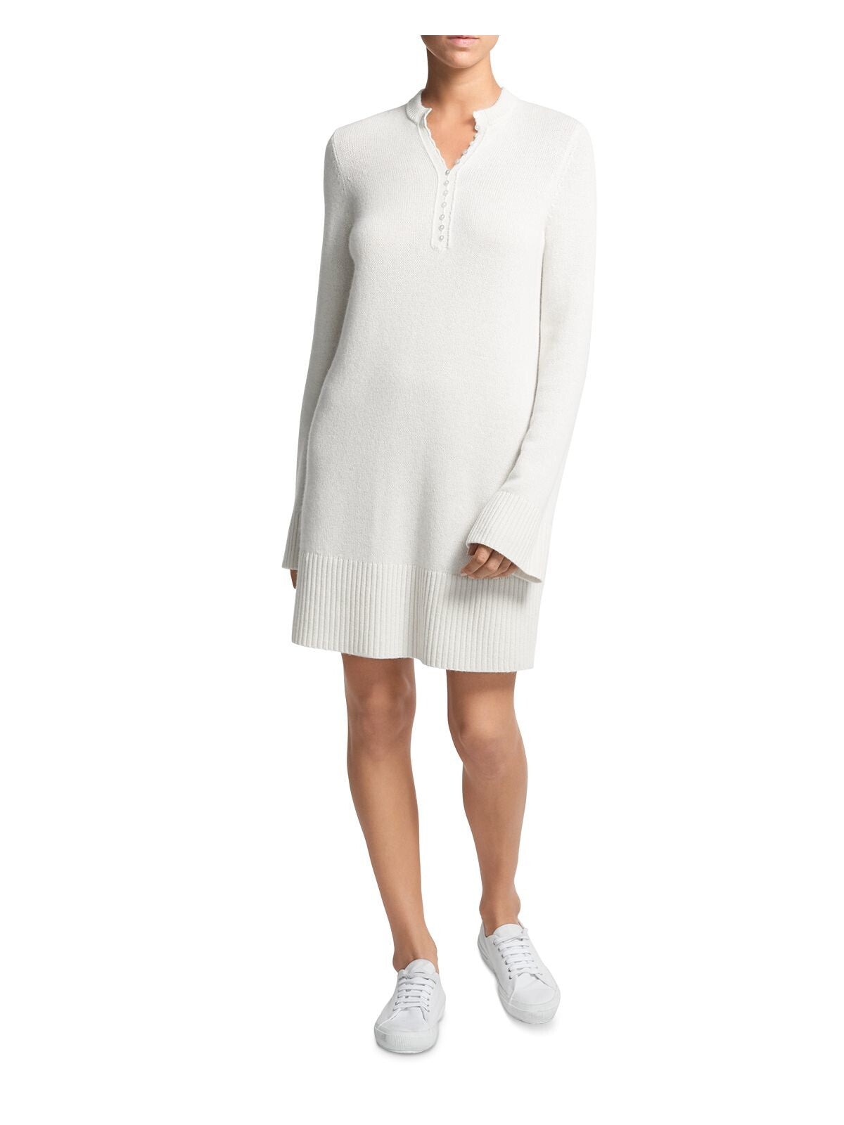 THEORY Womens Ivory Henley Sweater Long Sleeve Split Short Dress Petites P