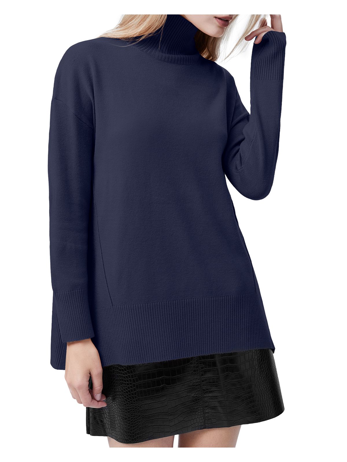 FRENCH CONNECTION Womens Blue Ribbed Long Sleeve Turtle Neck Sweater XS