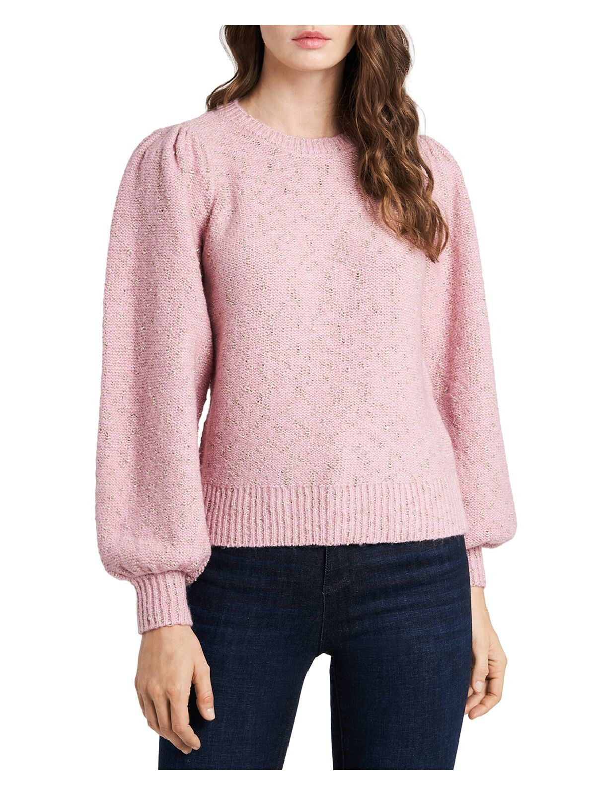 1. STATE Womens Pink Stretch Textured Metallic Long Sleeve Crew Neck Sweater XS