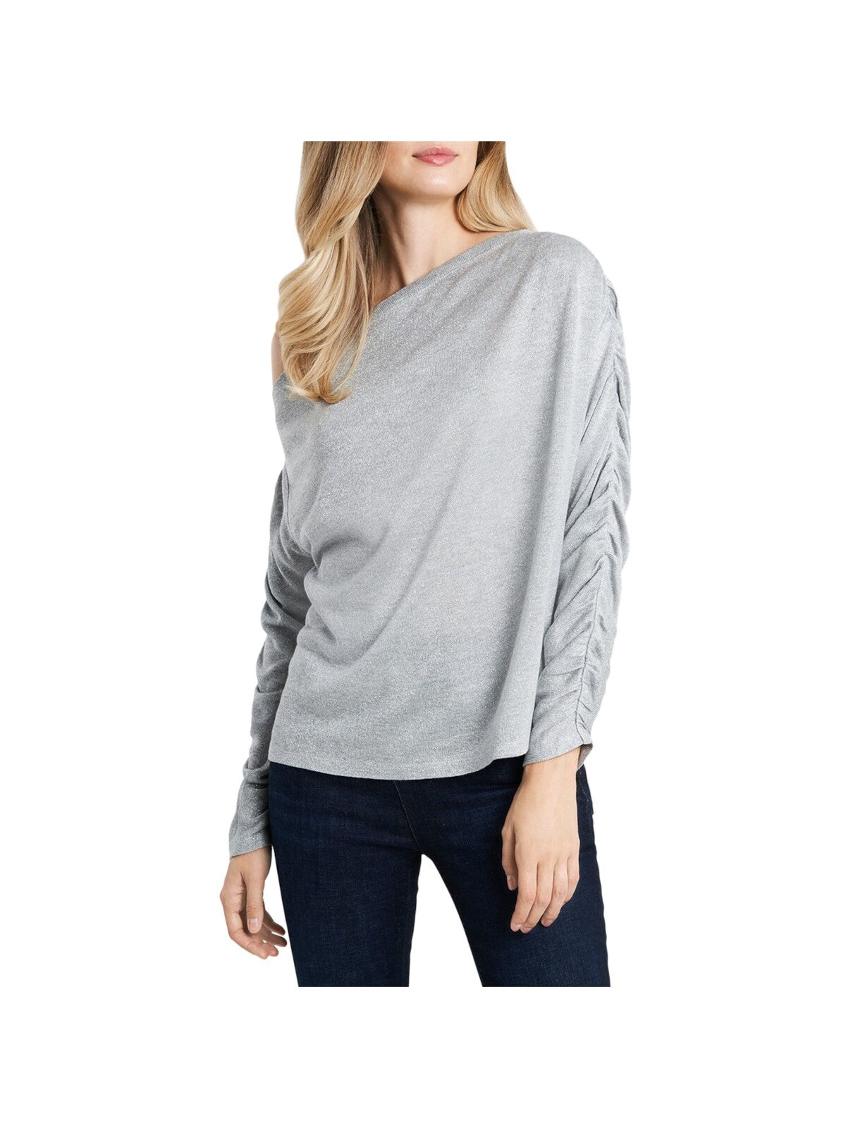 1. STATE Womens Silver Glitter Metallic One-shoulder Ruched Long Sleeve Asymmetrical Neckline Party Blouse M
