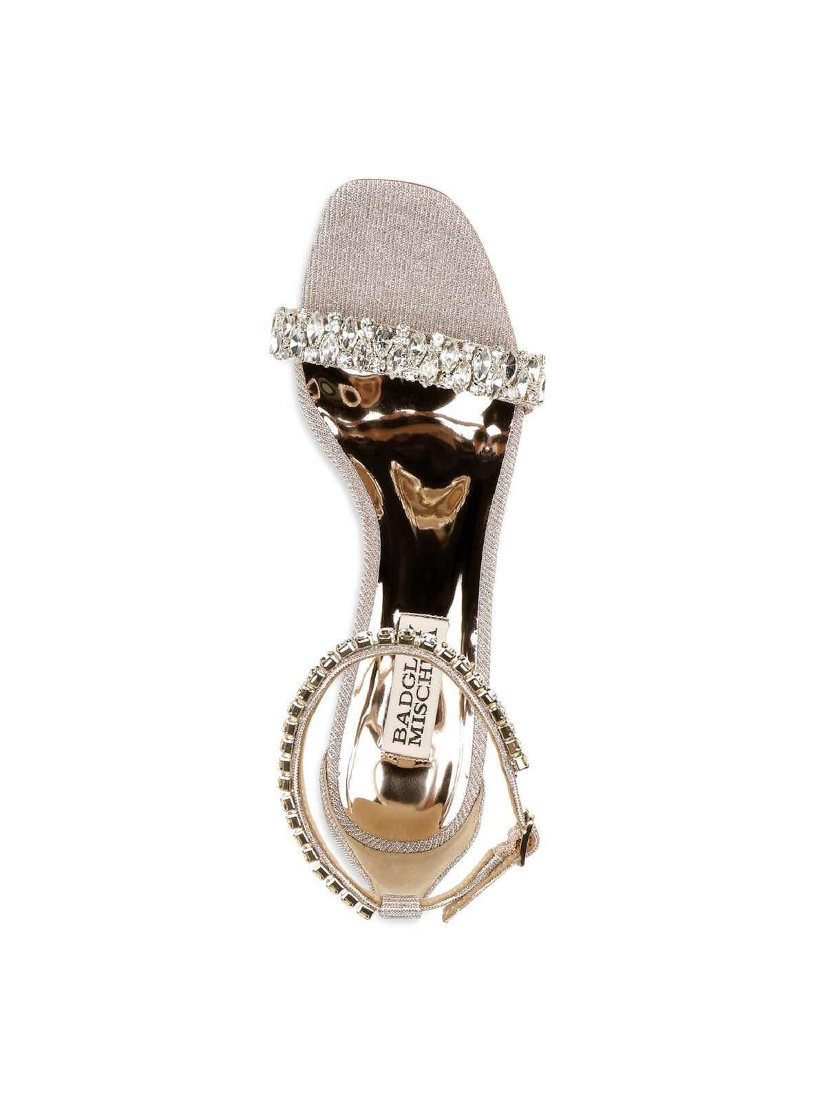 BADGLEY MISCHKA Womens Gold Metallic Crystal Embellished Straps Ankle Strap Padded Harriet Square Toe Block Heel Buckle Dress Sandals Shoes 5.5 M