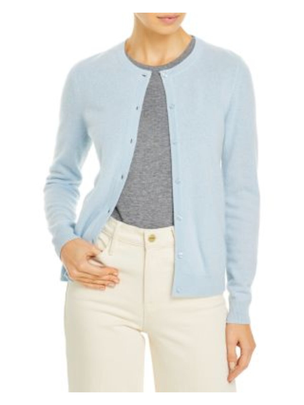 C Womens Light Blue Cashmere Long Sleeve Crew Neck Wear To Work Button Up Sweater XS