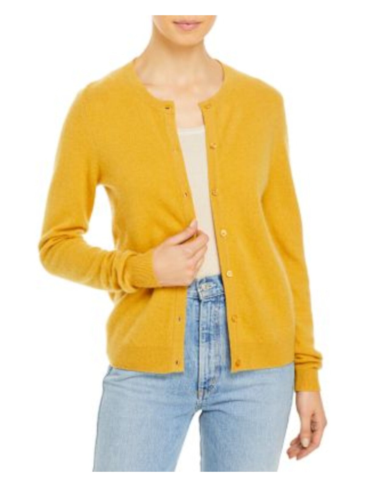 Designer Brand Womens Yellow Cashmere Long Sleeve Crew Neck Wear To Work Button Up Sweater S