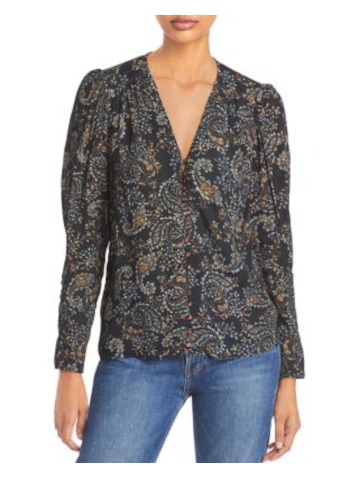 Nicholas Womens Black Button Up Paisley Long Sleeve V Neck Blouse 0