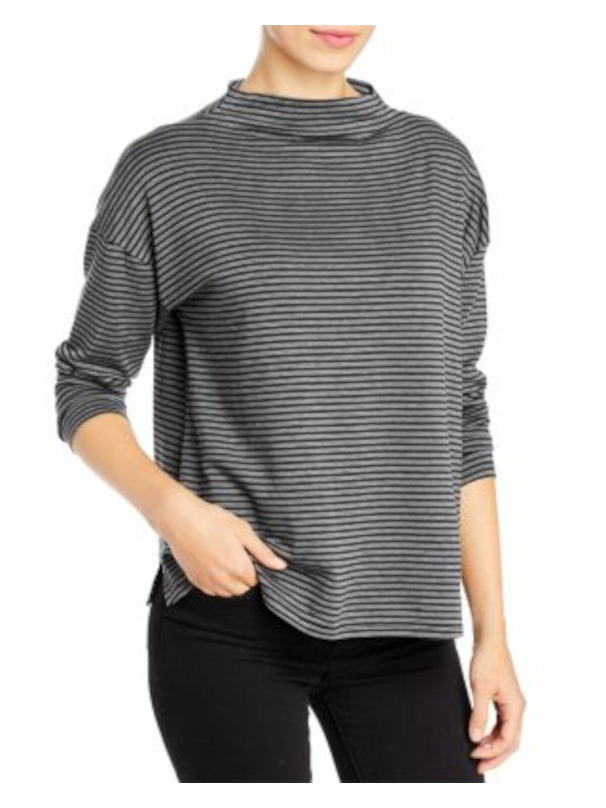 EILEEN FISHER Womens Gray Striped Long Sleeve Collarless Top XXS