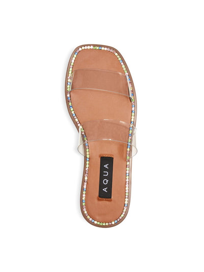 AQUA Womens Beige Studded Strappy Rhinestone Glow Square Toe Slip On Slide Sandals Shoes M