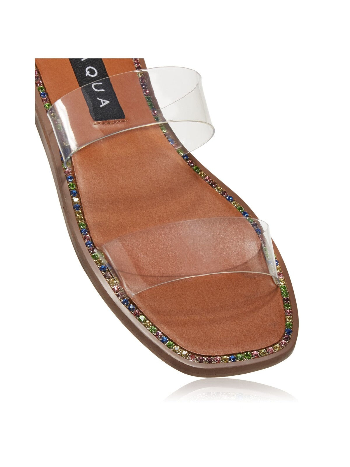 AQUA Womens Beige Studded Strappy Rhinestone Glow Square Toe Slip On Slide Sandals Shoes 6.5 M