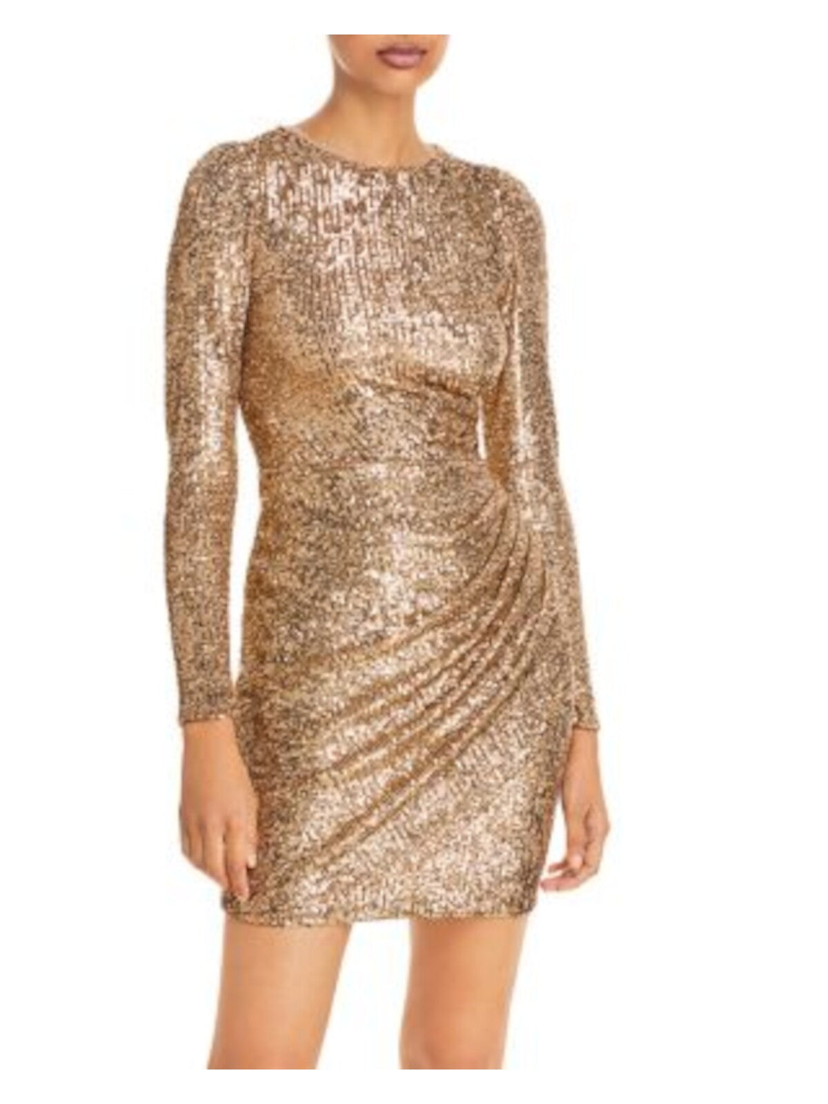 AQUA Womens Sequined Zippered Long Sleeve Crew Neck Mini Formal Body Con Dress