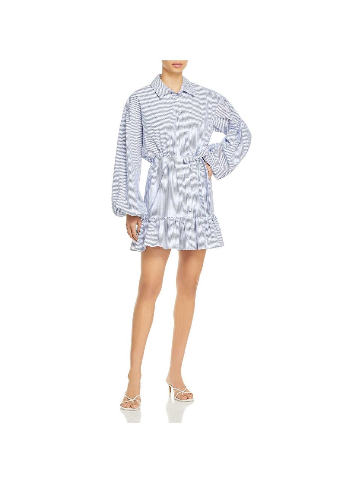 CINQ A SEPT Womens Blue Belted Ruffled Button Front Striped Balloon Sleeve Collared Short Party Shirt Dress 8